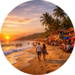 Couple walking along a lively Goa beach at sunset with palm trees, beach shacks, and golden waves.
