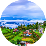 Scenic Darjeeling & Kalimpong hillside village with lush green terraces, colorful homes, and clouds floating over the Himalayan mountains.