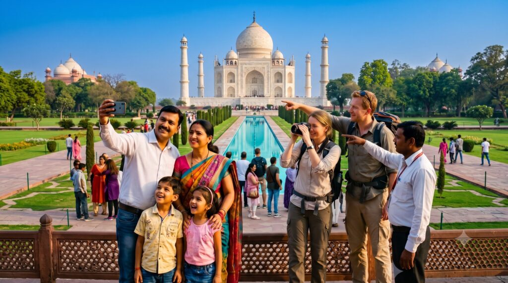 Local guide helping a family and international travelers explore the Taj Mahal in Agra, India.