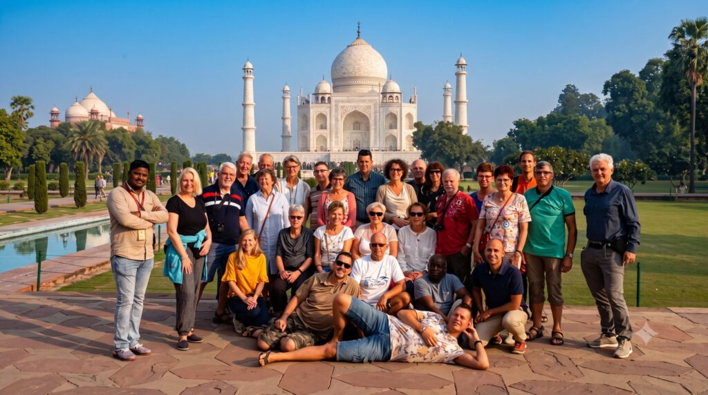 International tourists posing for a group photo in front of the Taj Mahal with a local tour guide.