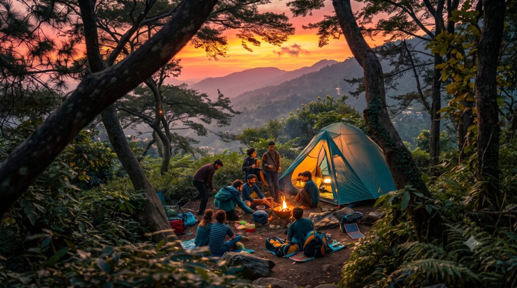 Travelers camping in a scenic forest surrounded by mountains during sunset in India.