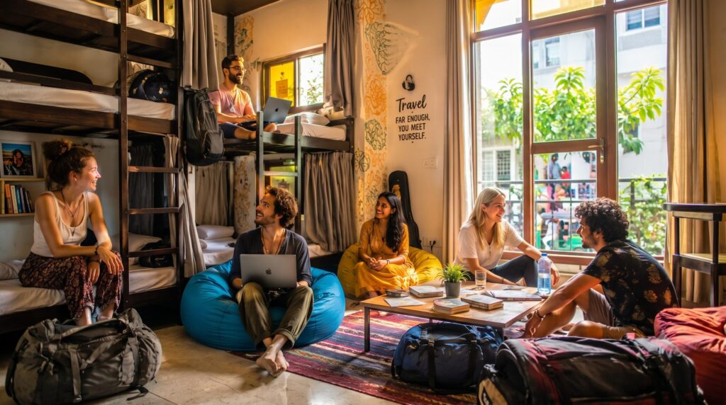 Backpackers socializing and relaxing inside a modern hostel dormitory in India.