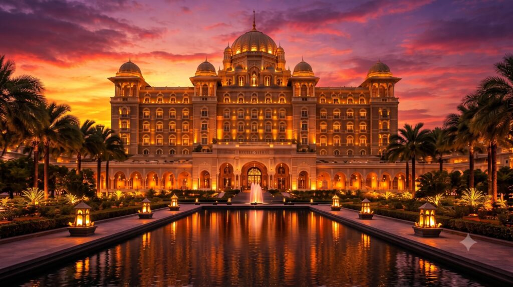 Luxury heritage-style hotel in India with grand architecture, landscaped gardens, and illuminated facade at sunset.