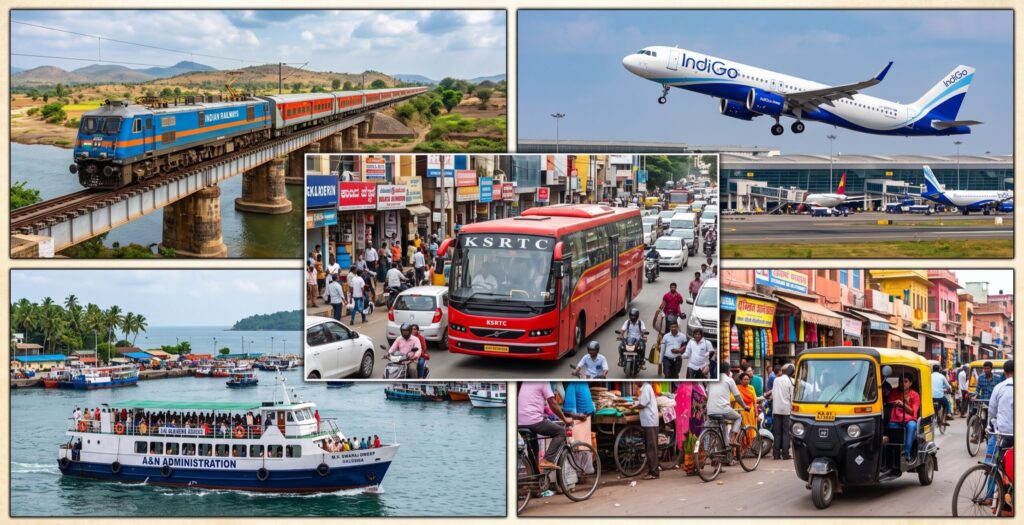 Collage showcasing transportation options in India including trains, flights, buses, ferries, and auto rickshaws.