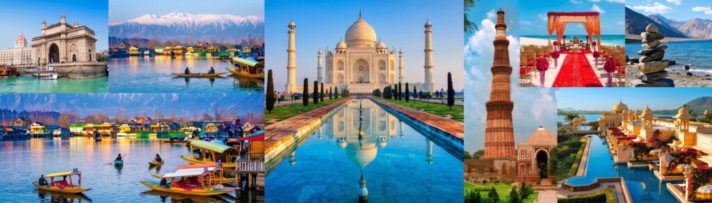 Collage showcasing India's iconic landmarks, Kashmir houseboats, Taj Mahal, luxury resorts, and unique travel experiences.