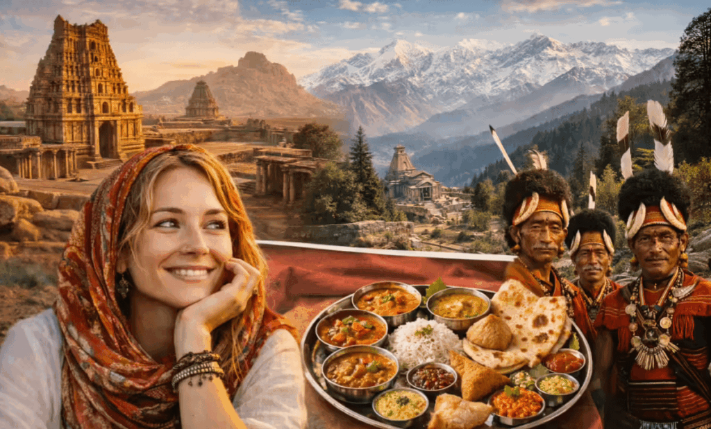 India travel collage featuring heritage temples, Himalayan scenery, traditional cuisine, and indigenous culture.