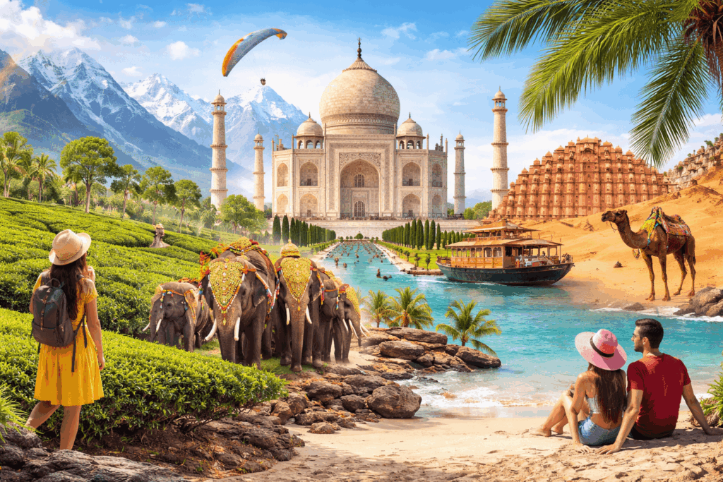 India tour package collage featuring the Taj Mahal, elephants, tea gardens, beaches, forts, and Himalayan landscapes.